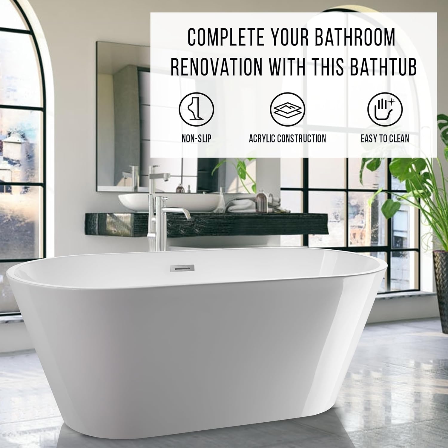 White freestanding bathtub in a modern bathroom setting, emphasizing its non-slip, acrylic construction, and easy-to-clean properties.