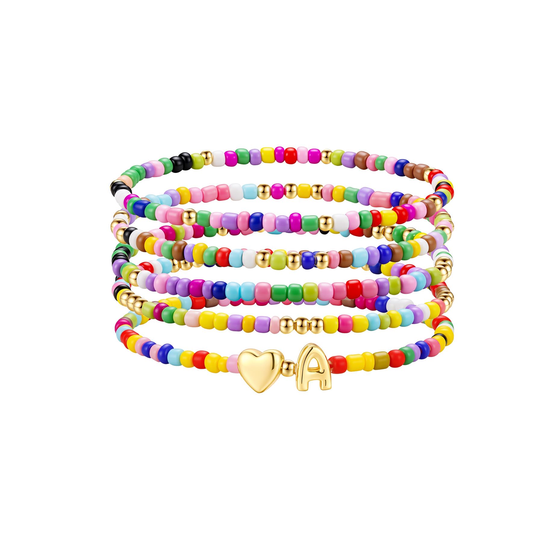 TINGN 5 Stück Bunte Perlen Armband Damen Mädchen Handgefertigt Perlen Armband mit Buchstaben Boho Herz Armbänder Stapelbare Armbänder Set Personalisierte Geschenke für Frauen Teenager Mädchen Schmuck