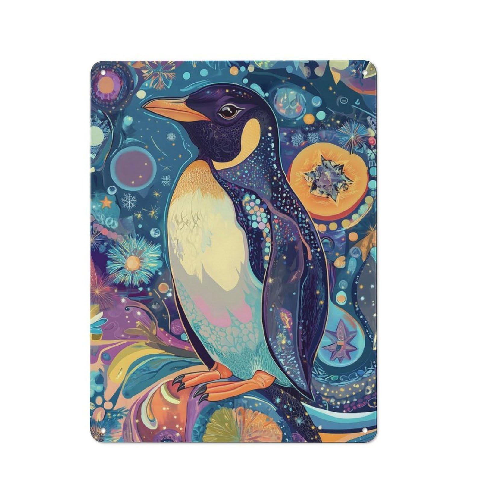 Junmoney Blue Penguin On A Tree Branch – Surreal Natur Metal Plaque 40X30cm With E Art For Hallway Wall, Retro Decor, For Themed Interiors In Hallways And Entrance Areas