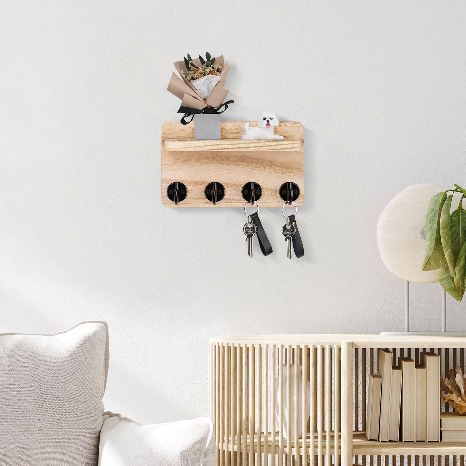 Nekon Key Holder Wall Mount, 8.5 Inch Small Home Decor Wooden Wall Organizer with 4 Hooks and Shelf - Image 2