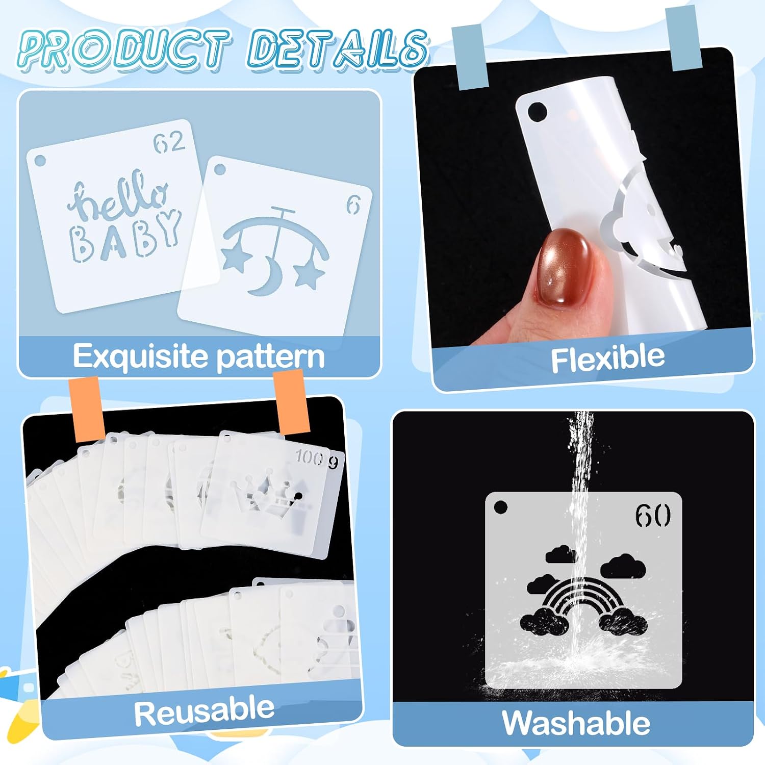 MWOOT 100 Pieces Baby Shower Stencils for Painting, 2 Inch Small Stencils for Crafts Reusable, Bib Decorating Kit Baby Shower, Cute Onesie Stencil for Painting on Wood, Tile, Canvas Decor (5x5 CM) image 5