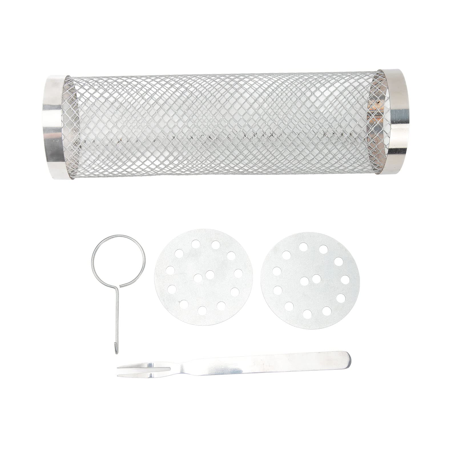 Muiltvoe Rolling Stainless Steel BBQ Basket, Wire Mesh Cylinder Grill Basket with Hook Fork, for Portable Camping Barbecue (20cm/7.9in)