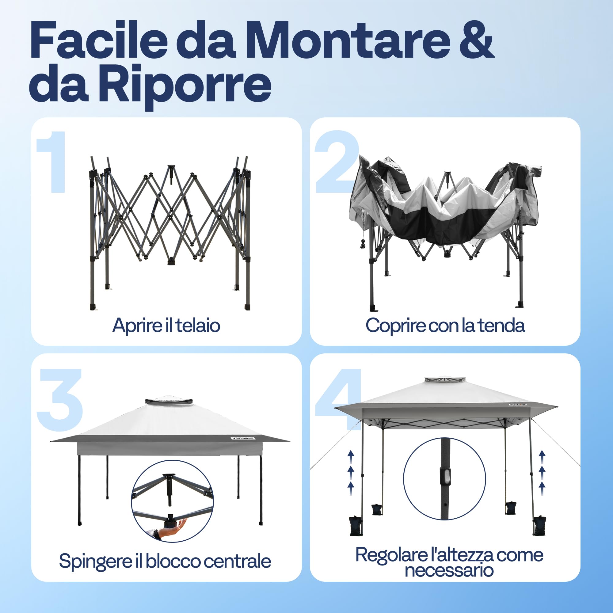 VIVOHOME Baldacchino Pop-up per Esterni, 3,8x3,8m Tetto a 2 Livelli con Borsa da Trasporto a Ruote e 4 Sacchetti di Sabbia Grigio