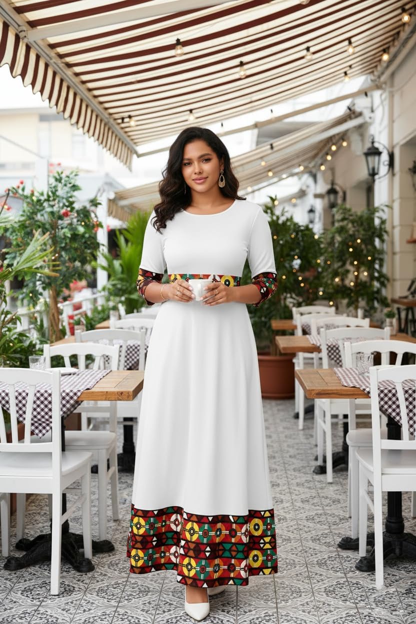 FANDEE Casual Maxi Dresses for Women Elegant 3/4 Sleeve Round Neck Africa Print Church Dress with Pocket - Image 4