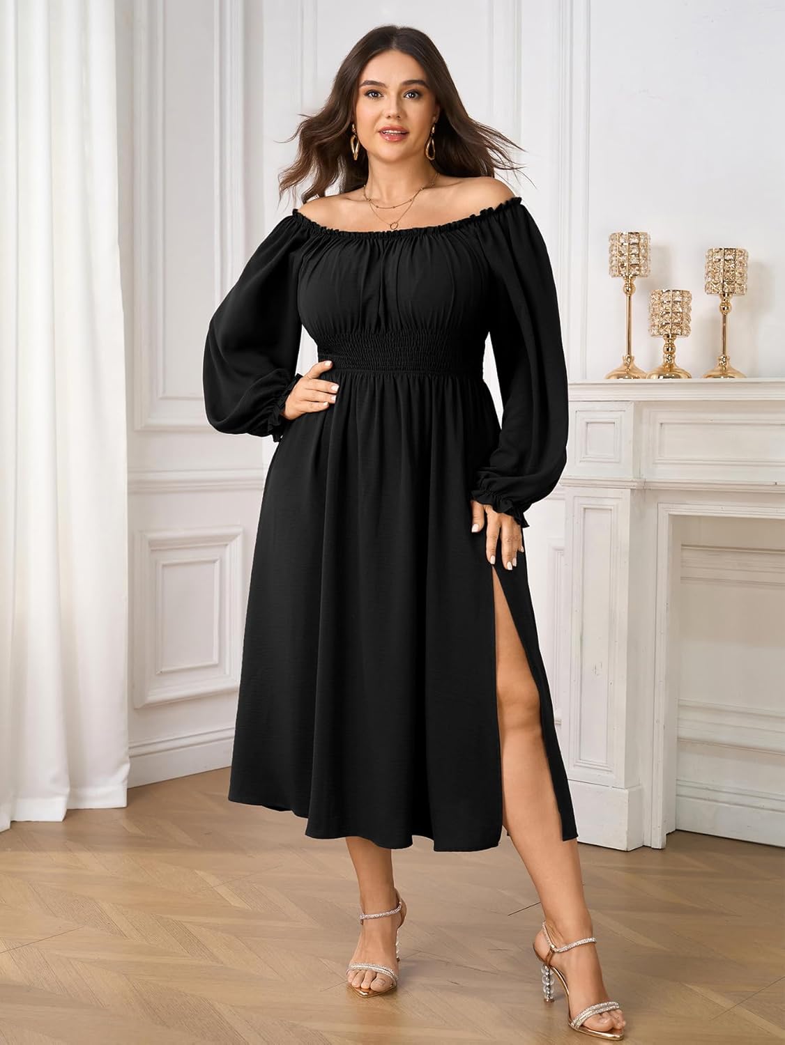Plus Size Maxi Fall Wedding Guest Dress for Curvy Women Long Sleeve Smocked Formal Cocktail Party Dresses Slit - Image 3