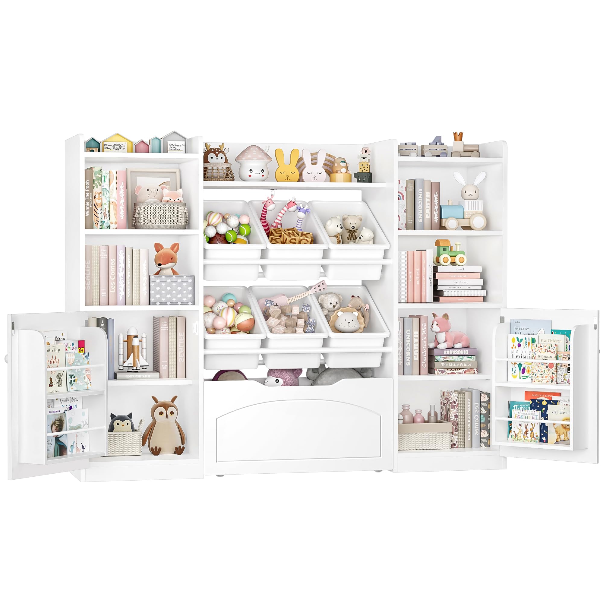 FINETONES 55” Toy Storage Organizer with Removable Bins, 5-in-1 Kids Bookshelf with Movable Chests and Book Shelves Behind The Doors, Toy Organizer Playroom with 6 Toy Bins and 8 Storage Cubes, White