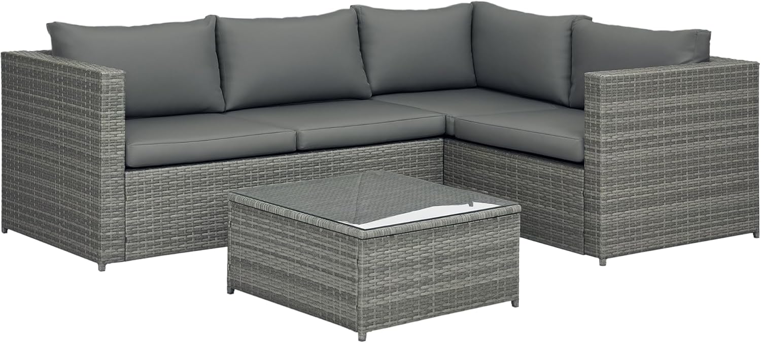 Outsunny 3 Pieces PE Rattan Garden Furniture Set with 10cm Thick Cushions, 4 Seater Outdoor Patio Corner Sofa Set with Glass Top Coffee Table, Grey