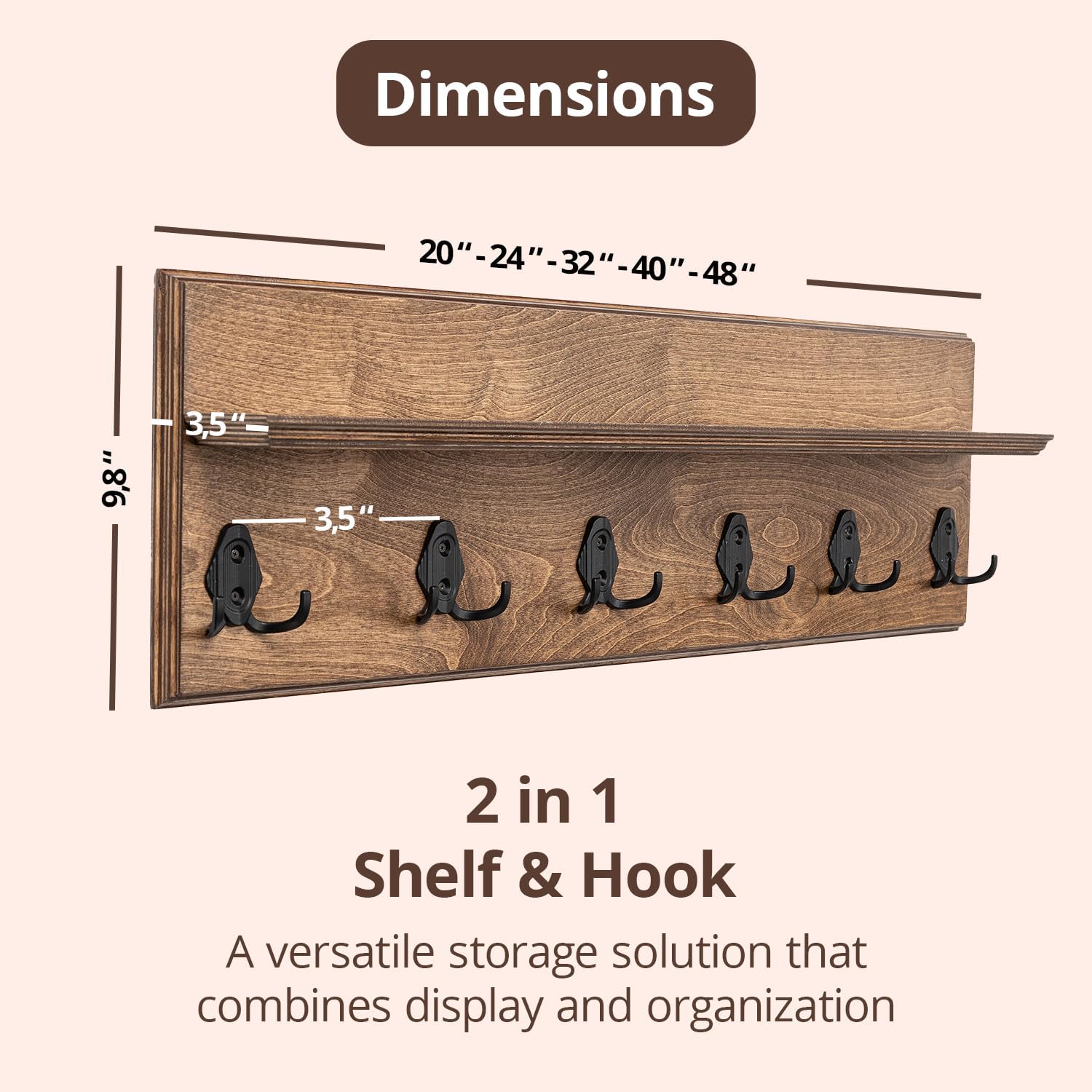 Rustic Wall Mounted Coat Rack with Shelf Wooden Entryway Organizer with 5 Metal Hooks for Coats Hats Towels Keys Floating Storage Shelf for Bathroom Bedroom (Walnut, 45 inch 8 Hooks)