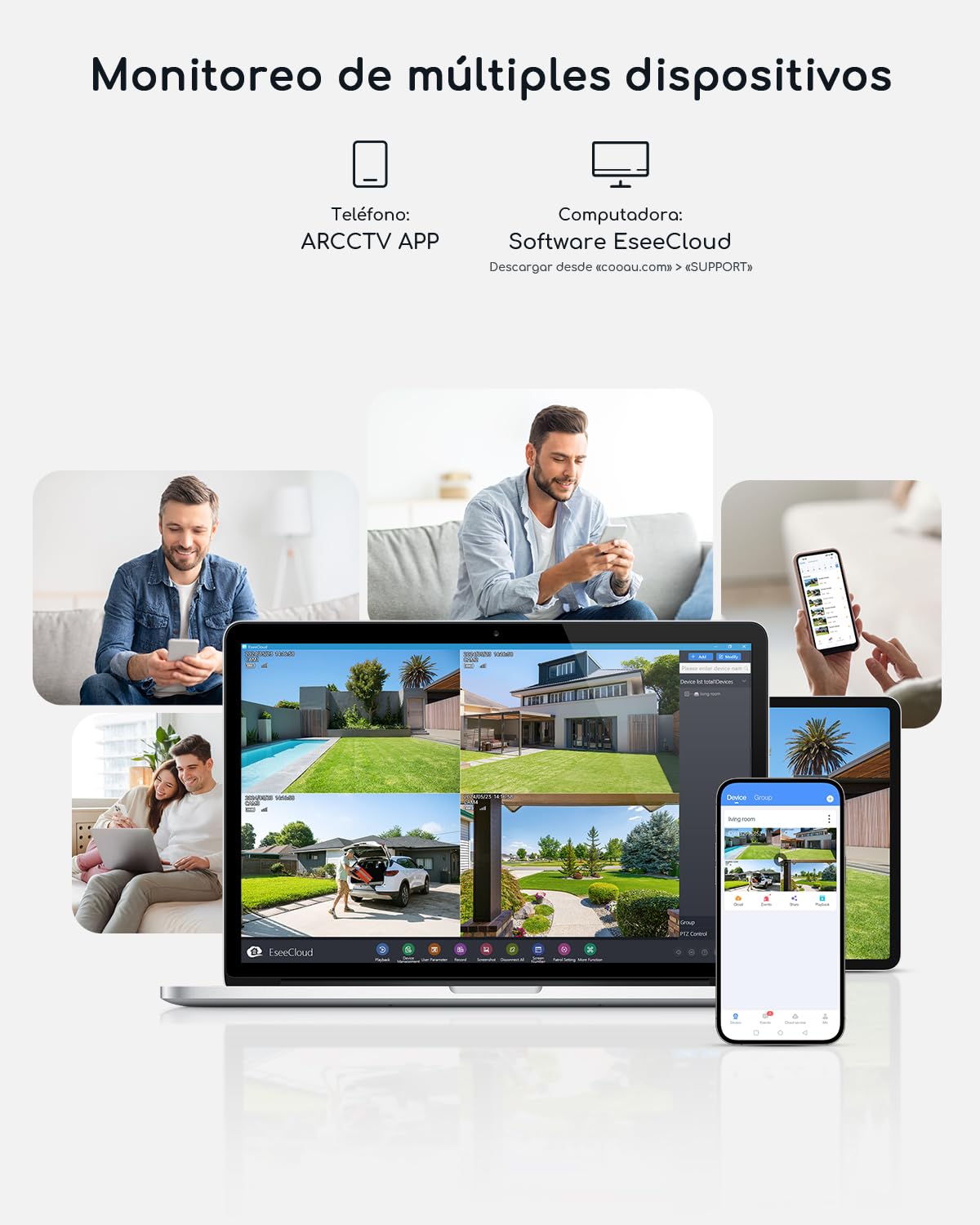 COOAU 4MP Kit de cámara vigilancia WiFi Exterior bateria con Panel Solar, 2.5K QHD, cámara de Seguridad inalámbrica 4+1 con Memoria Local de 64 GB, 360°, visión Nocturna, PIR detección, Alexa
