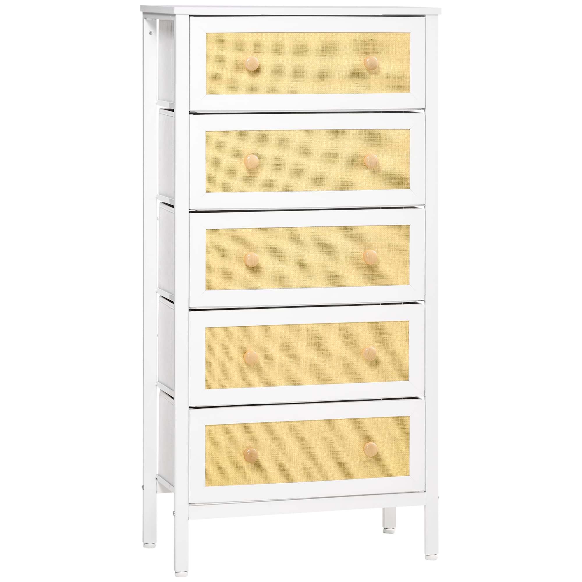 HOMCOM Cómoda de Dormitorio Cajonera de Estilo Bohemio con 5 Cajones de Tela Plegable Superficie de Ratán PE y Marco de Acero para Entrada Salón Pasillo 62x30x126,​5 cm Blanco
