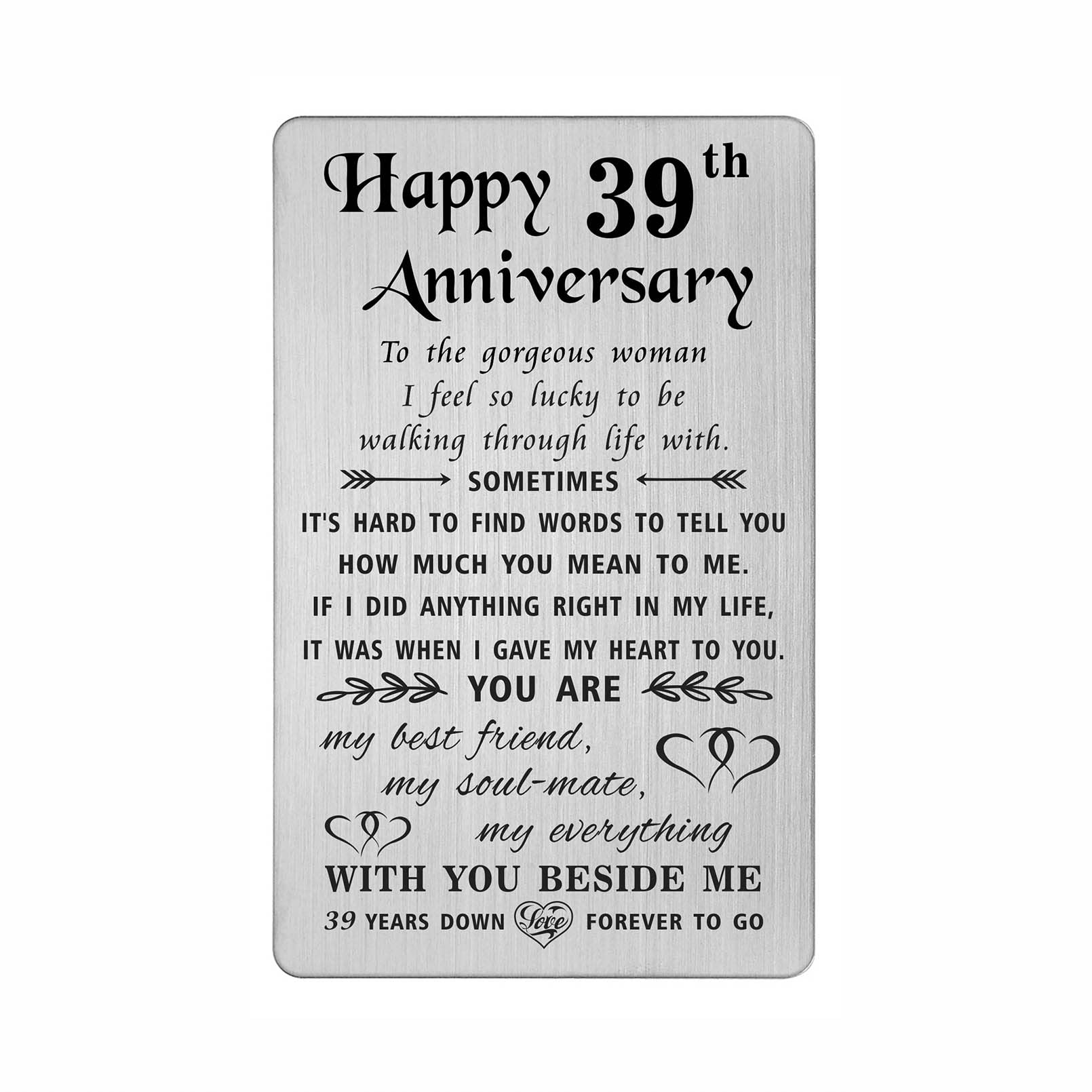 TANWIHTANWIH 39th Anniversary Card for Wife - 39 Years Down Forever to Go - 39 Year Wedding Anniversary Card Gifts for Her Women, Engraved Metal Wallet Card
