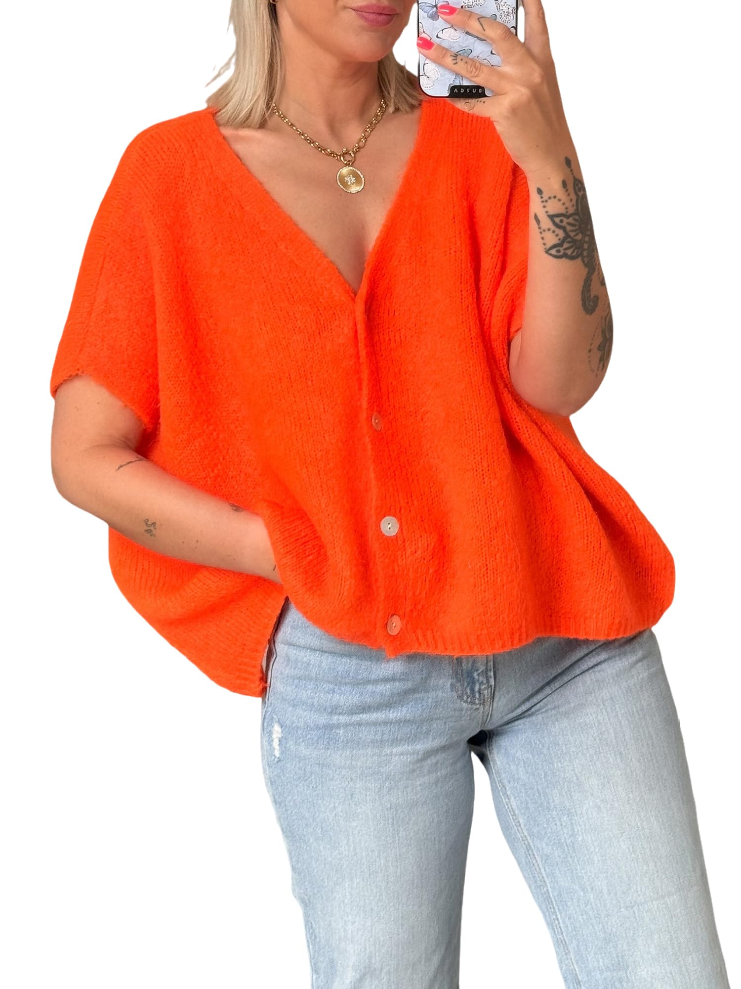 Women's Solid Button Down Lightweight Cardigans Short Sleeve V-Neck Knit Sweaters Loose Outwear Jacket Tops (A-Orange, S)
