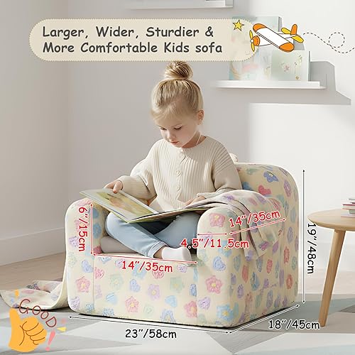 Miniatura 50 de Tiita Silla para niños, cómodo sofá plegable para niños, sofá ligero para niños con asa de transporte y bolsillos laterales, reposabrazos de espuma
