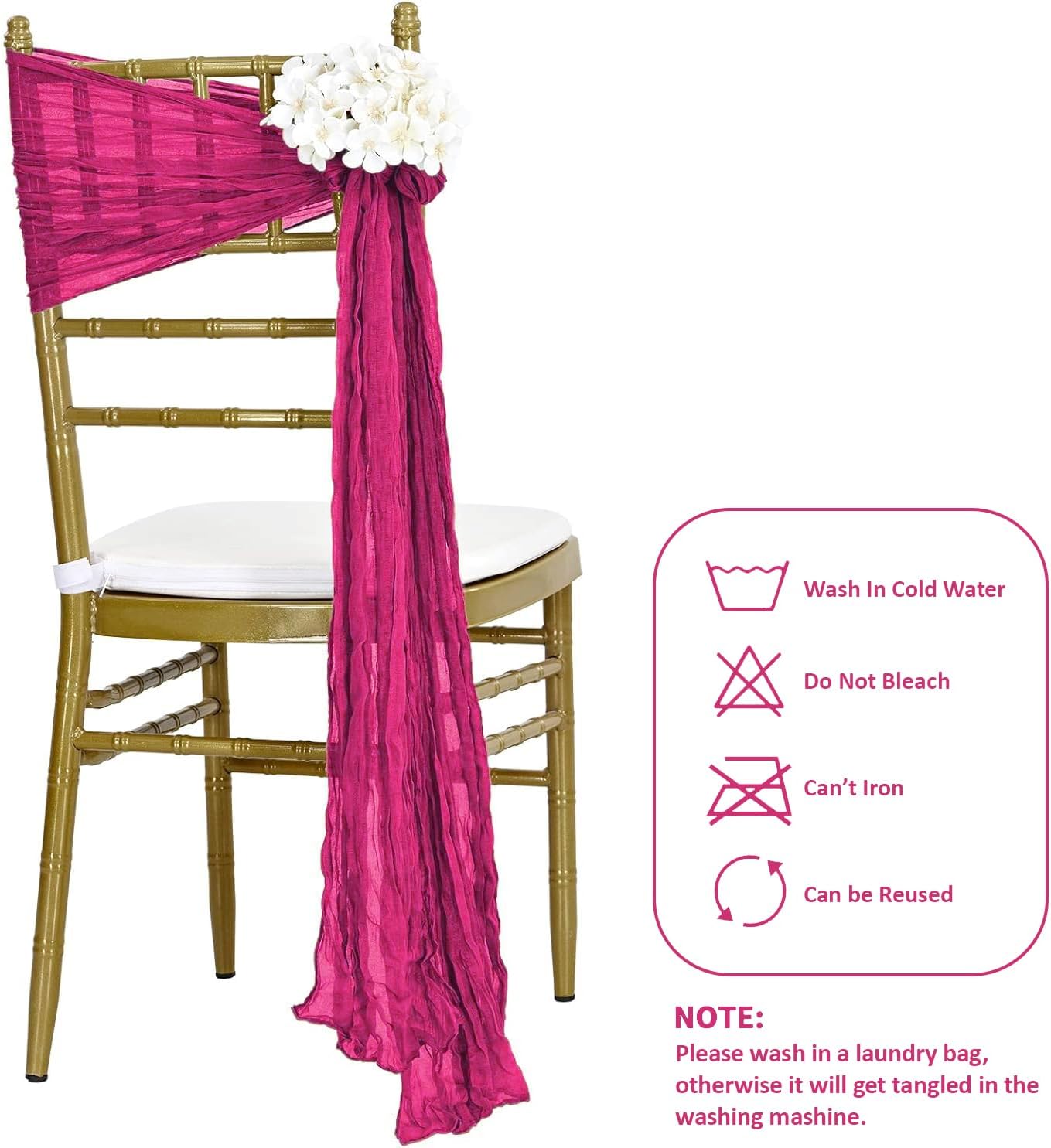 MDS Pack of 50 PCS Cheesecloth Chair Sashes 17”x70” Gauze Rustic Aisle Decorations Designed Chair Bows for Wedding Birthday Baby Shower Reception Party Banquet Hotel Event Decoration - Magenta