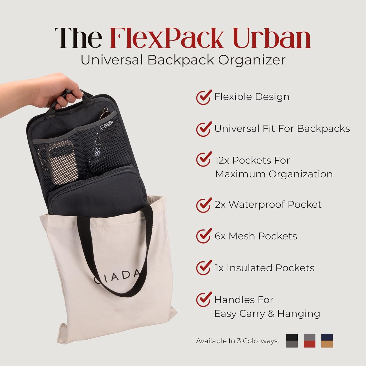 GillyGro Unisex Foldable Vertical Backpack Organizer Insert for Tote Bag, Carry On, Picnic, Camping - With Pockets & Handle