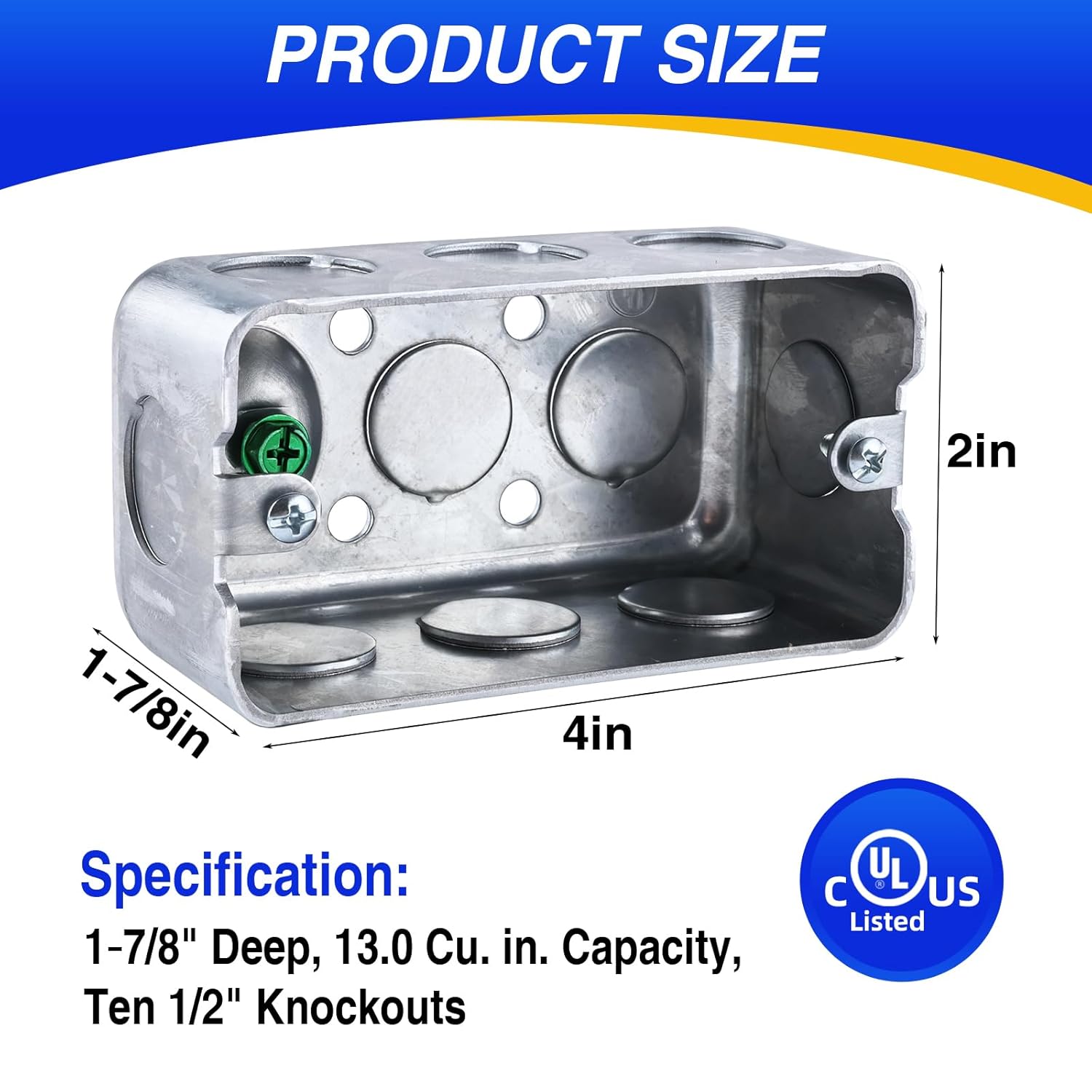 12pcs Metal Electrical Box, 4x2 Inch Galvanized Steel Electrical Junction Box, 1-7/8" Depth 13 Cu. in. Capacity