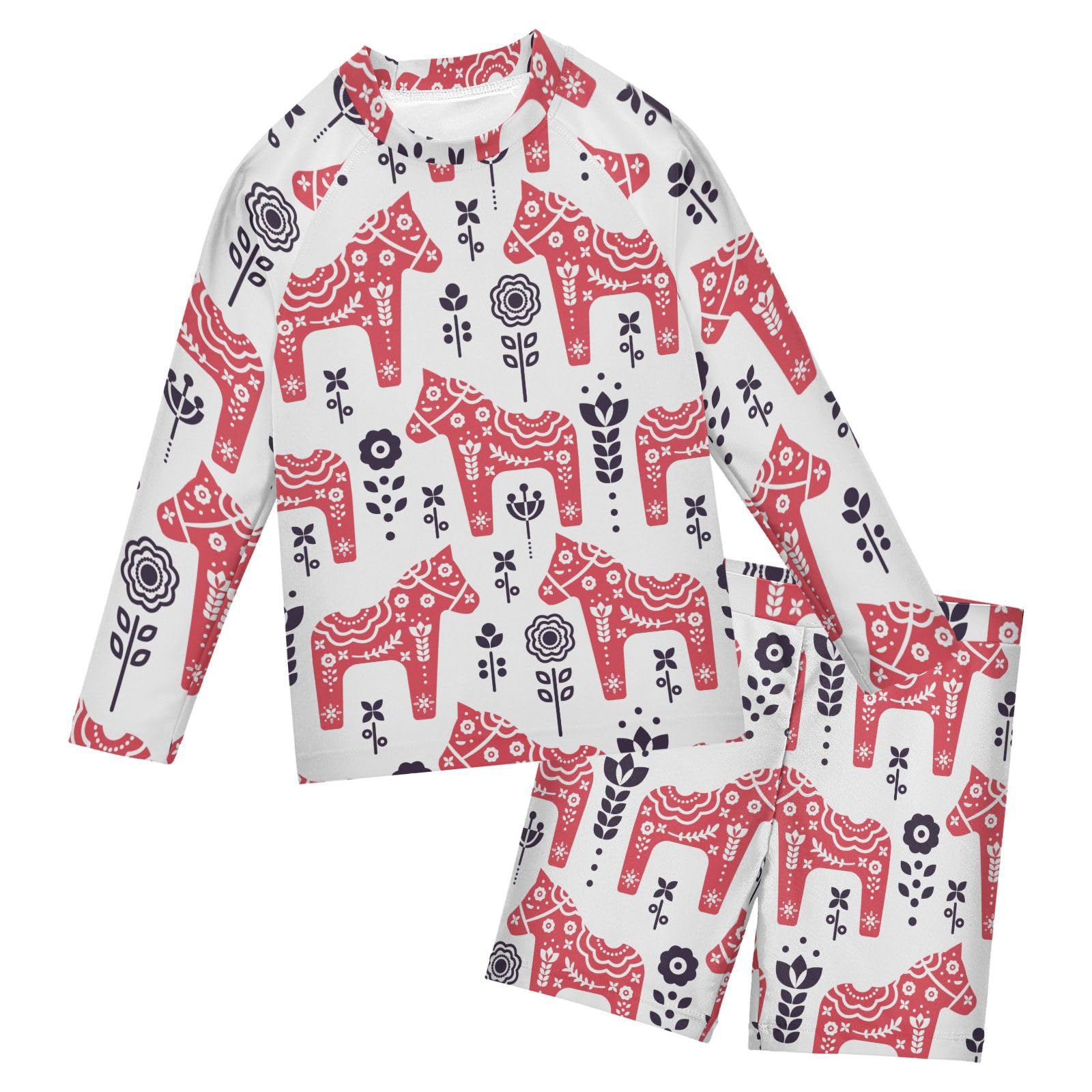 Aflyko Boys' Rash Guard Set Swedish Red Dala Horse Flower SPF 50+ Sun Protection Swimsuit