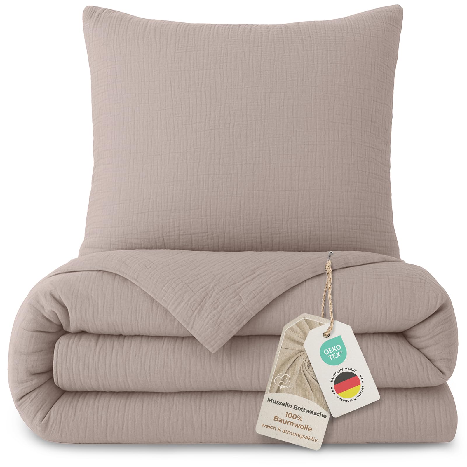 LAYNENBURG Musselin Bettwäsche 135x200 cm + 80x80 cm - Oeko-Tex – 100% Baumwolle – atmungsaktiv & bügelfrei – 2 lagiges Musselin mit Reißverschluss & Haltebändern (Taupe)