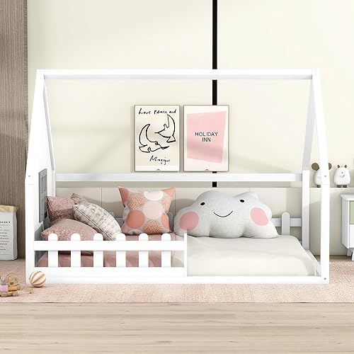Miniatura 4 de MERITLINE Cama de casa para niños, cama Montessori tamaño matrimonial, marco de madera con rieles y ventana, no necesita somier, para niños,