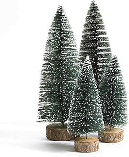 Dream Loom Mini Alberi di Pino di Natale, 4 Pezzi di Alberi di Gelo di Neve di sisal di Natale Artificiali, Alberi di spazzole per Bottiglie Verdi con Base in Legno, per Decorazioni Natalizie