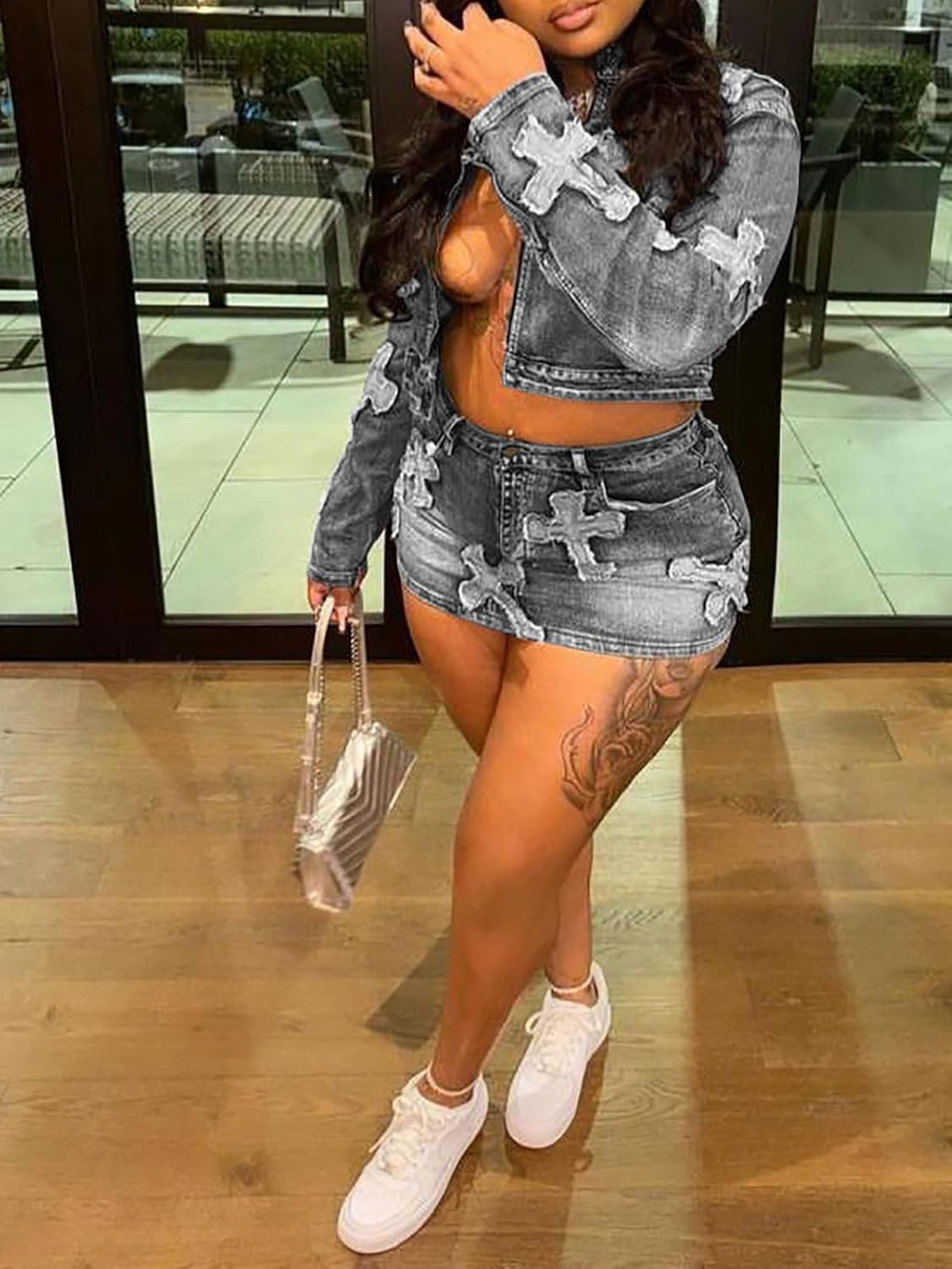 Denim Skirt Sets Women 2 Piece Outfits Long Sleeve Zip Up Cropped Jacket Bodycon Mini Jean Skirt Set - Image 3