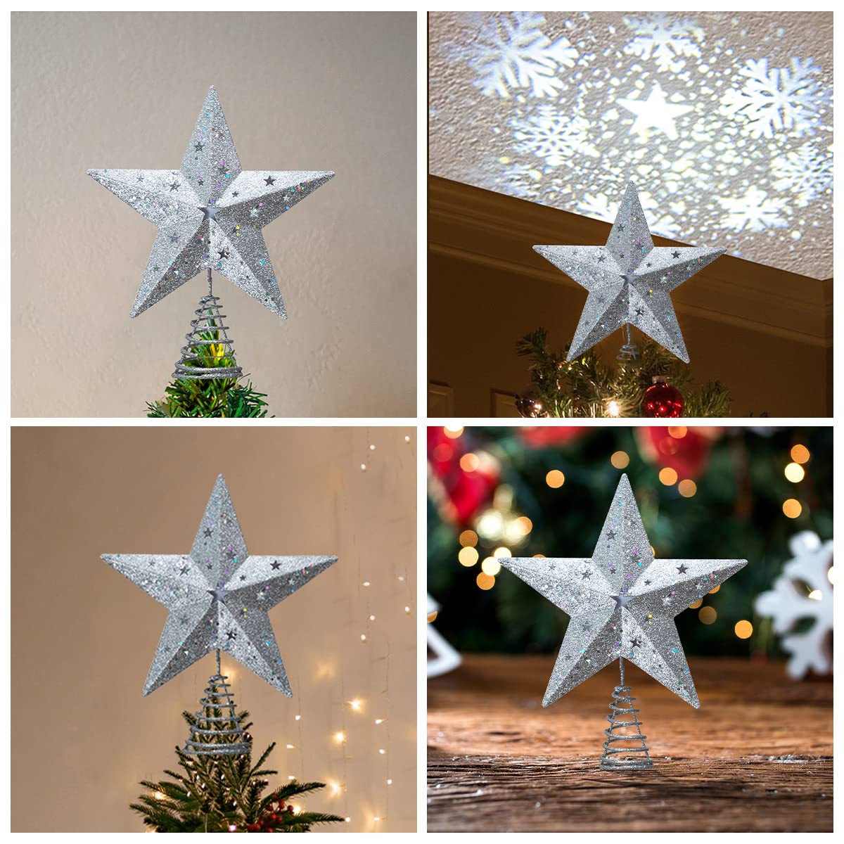 Joiedomi Christmas Tree Toppers, Silver Star Tree Topper Lighted with LED Rotating White Snowflake Projector Light for Xmas Tree Decorations, Holiday Party Indoor Decor