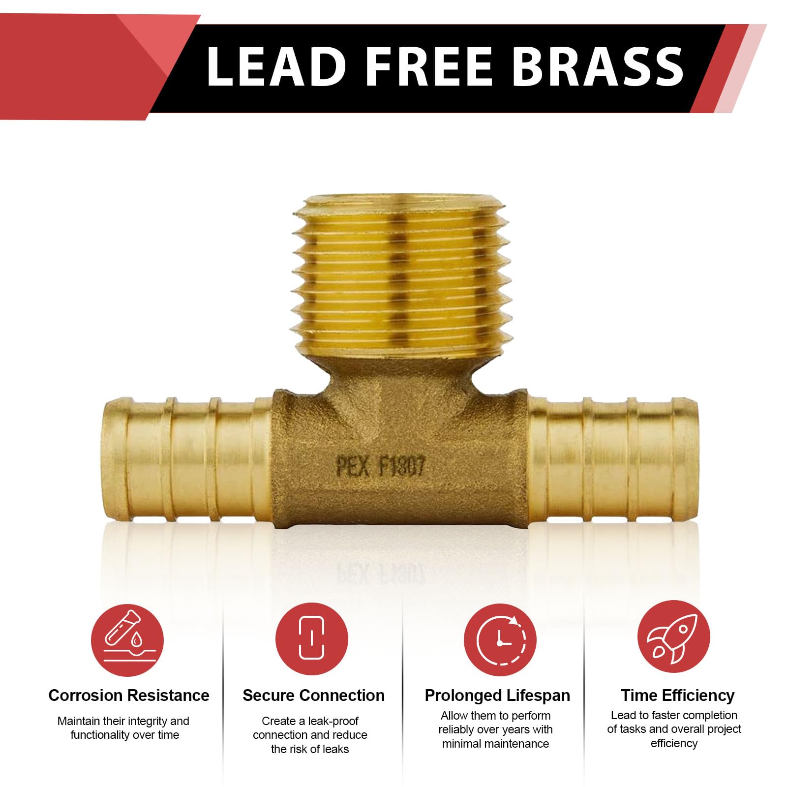 Paquete de 5) EFIELD Pex Barb Crimp Brass 1/2" Pex X 1/2" Pex X 1/2" NPT macho de 1/2", ASTM F1807, sin plomo (5)