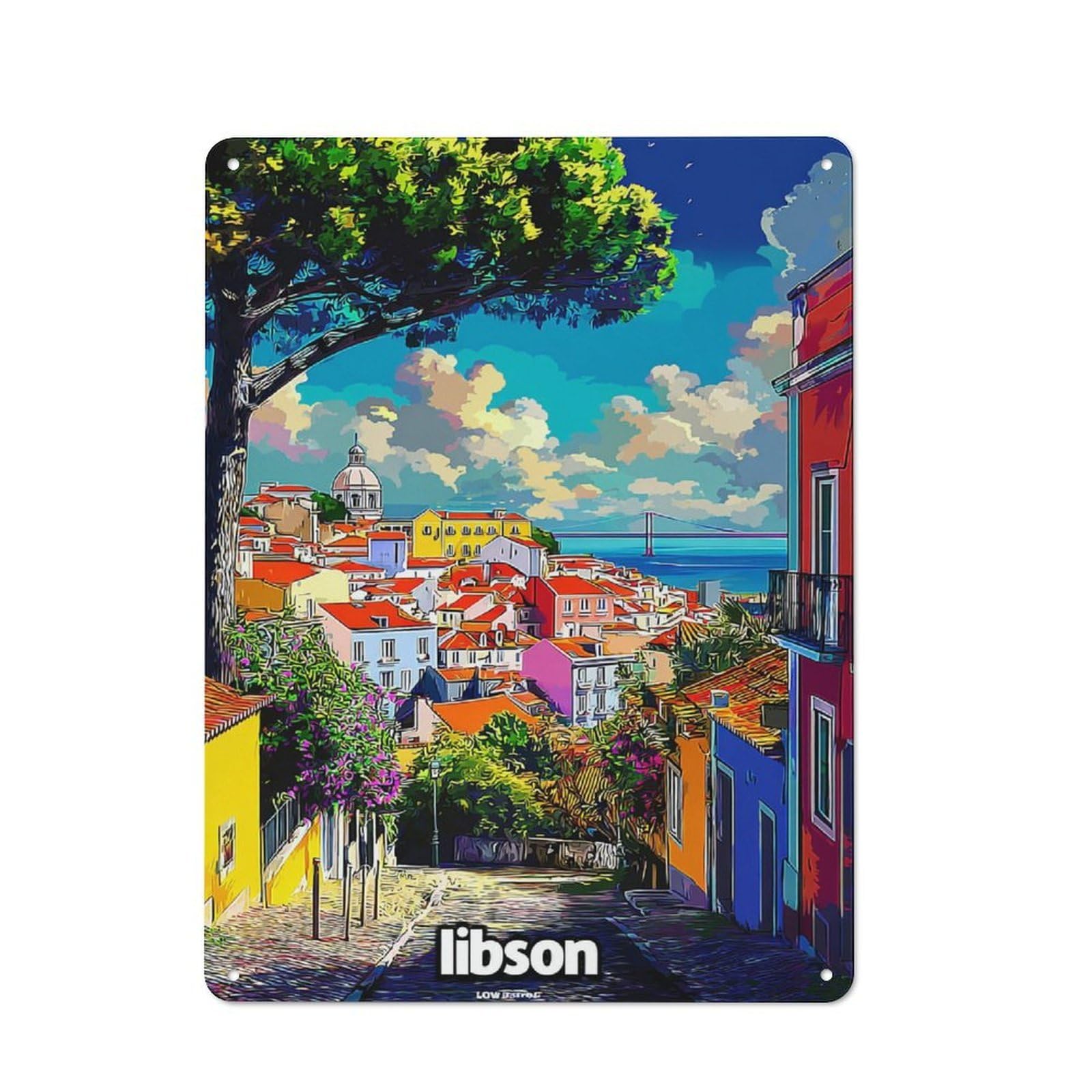 Junmoney Colorful Lisbon Street Scene Metal Wall Sign 40X30cm, Modern Retro Loft Wall Plaque For Flat, Bar, Studio Or Gallery Wall