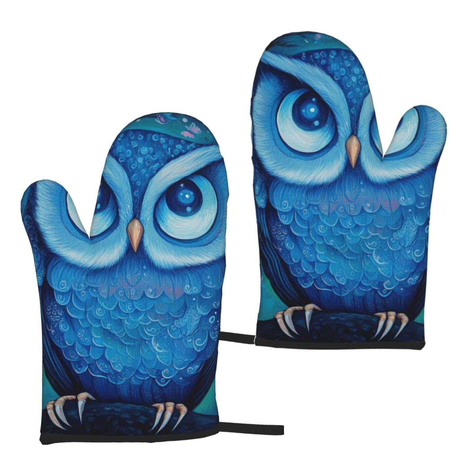 Blue Owl Printed Oven Mitts Sets 2 PCS Heat Resistant and Non-Slip Glove Potholder for Kitchen Cooking Baking Grilling