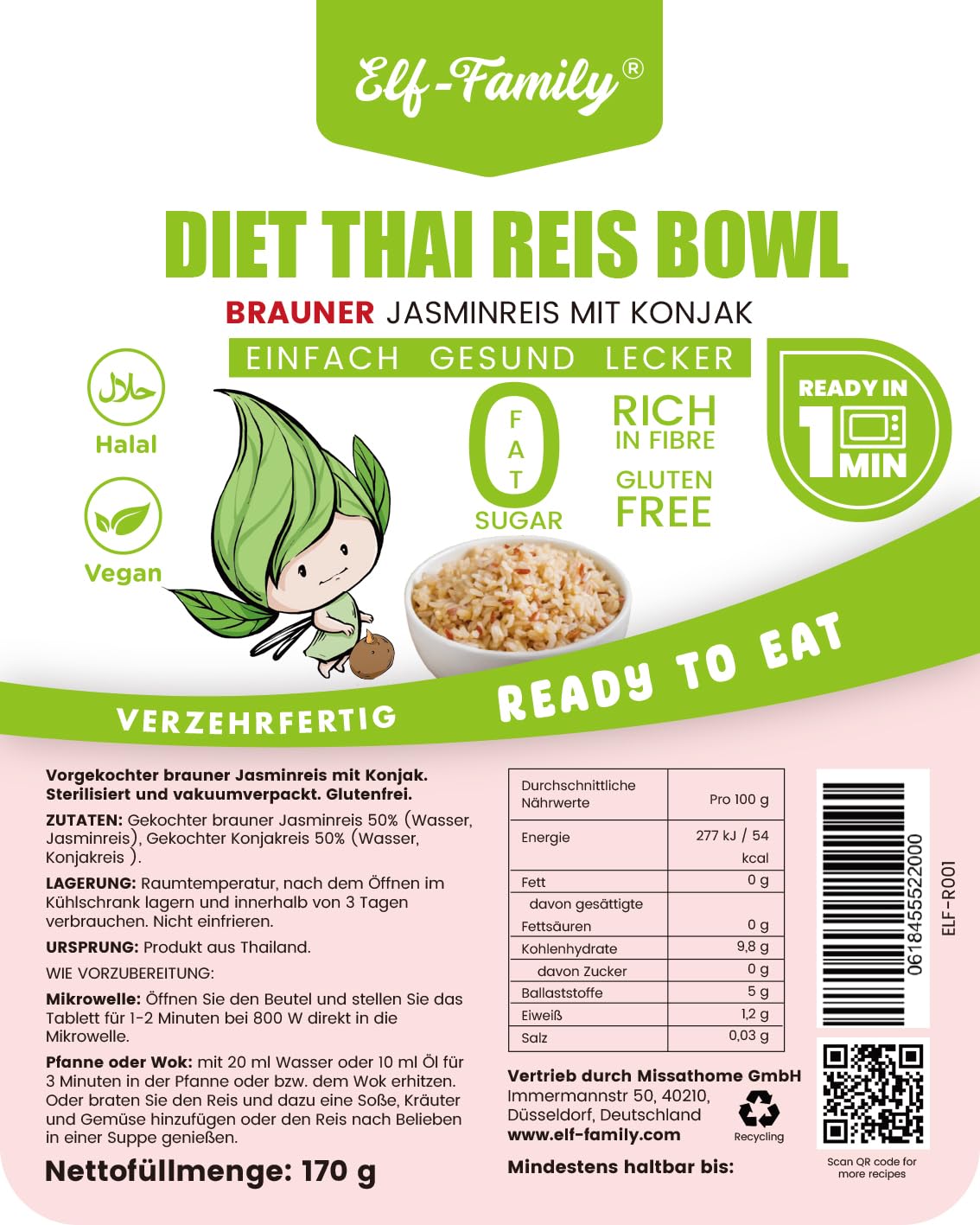 Elf-Family Konjak Reis Thai Brauner Shirataki Bowl -[Diätbox für 1 Wo.] - Instant Jasmin Reis - Fertiggerichte für Mikrowelle - Natürlich Superfoods Mikronährstoffe - Vegan/Low Carb/Fettfrei- 6er Box