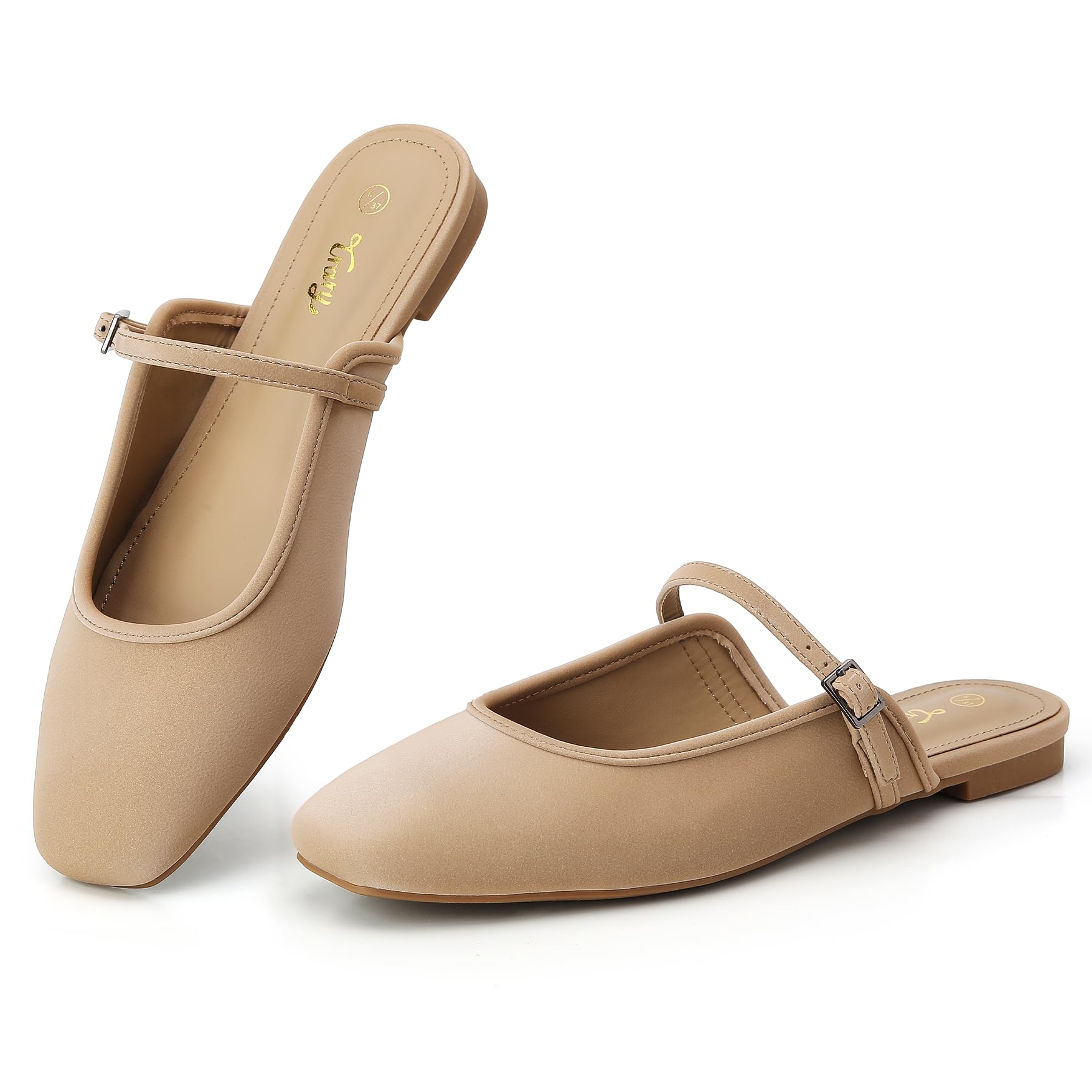 Mules for Woman Mary Jane Flat Shoes Slip on Comfortable Backless Loafers Flats Square Toe Office Casual Vintage, Khaki, 9