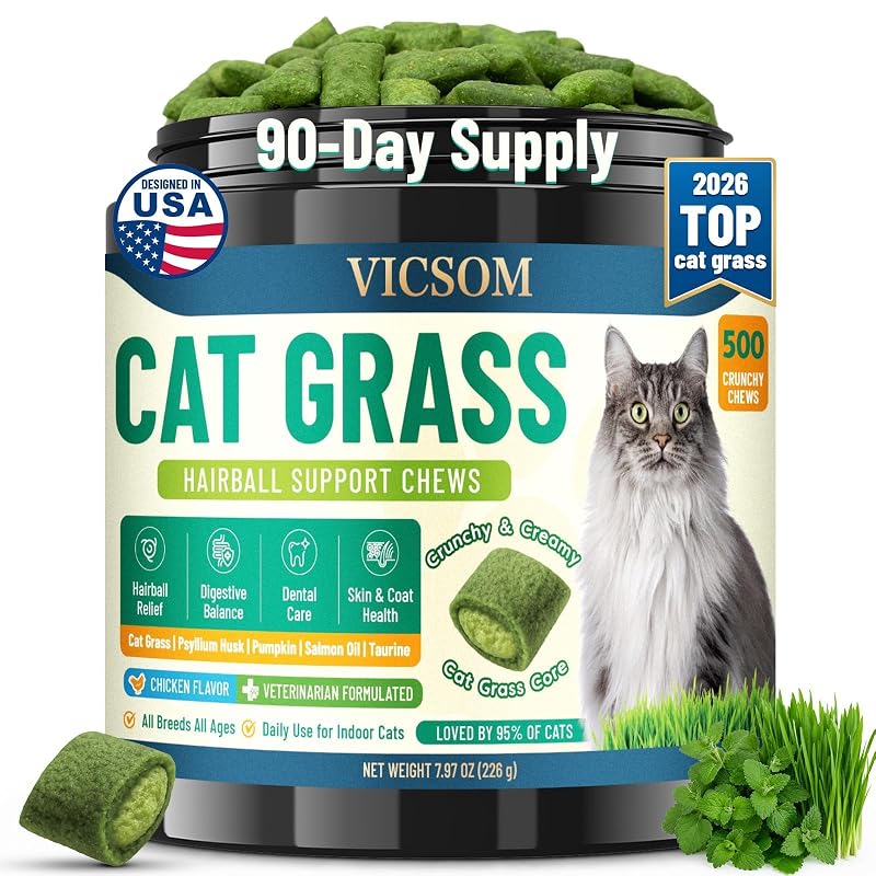 Petisco para gatos com grama e psyllium VICSOM sabor frango, 500 unidades