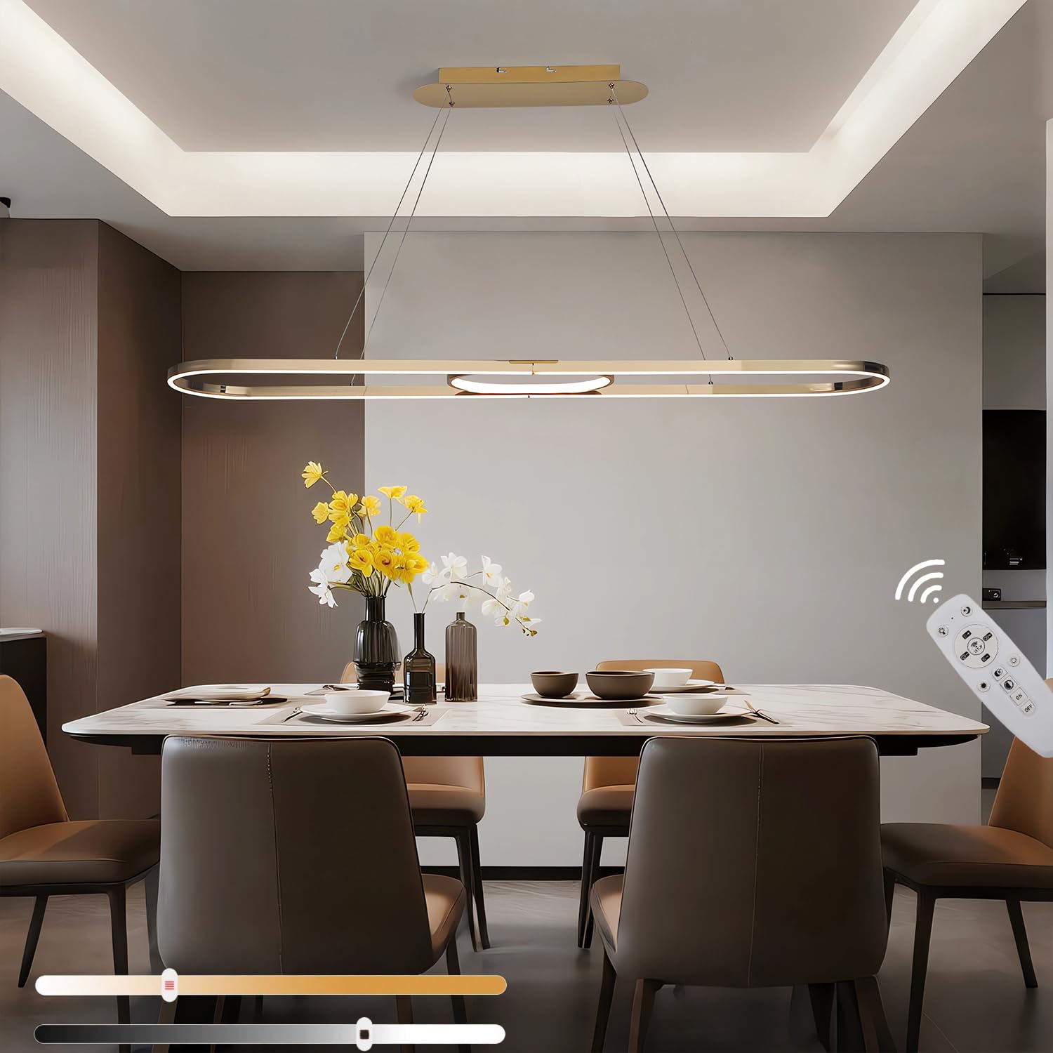Moderne Chrom LED-Pendelleuchte,dimmbare lineare Esstisch-Kronleuchte 75W 3000K-6000K,ferngesteuerte verstellbare Luxus-Oval-Aluminium-Leuchte,Hängelampe für Kücheninsel,Esszimmer Büro (Gold, L120cm)