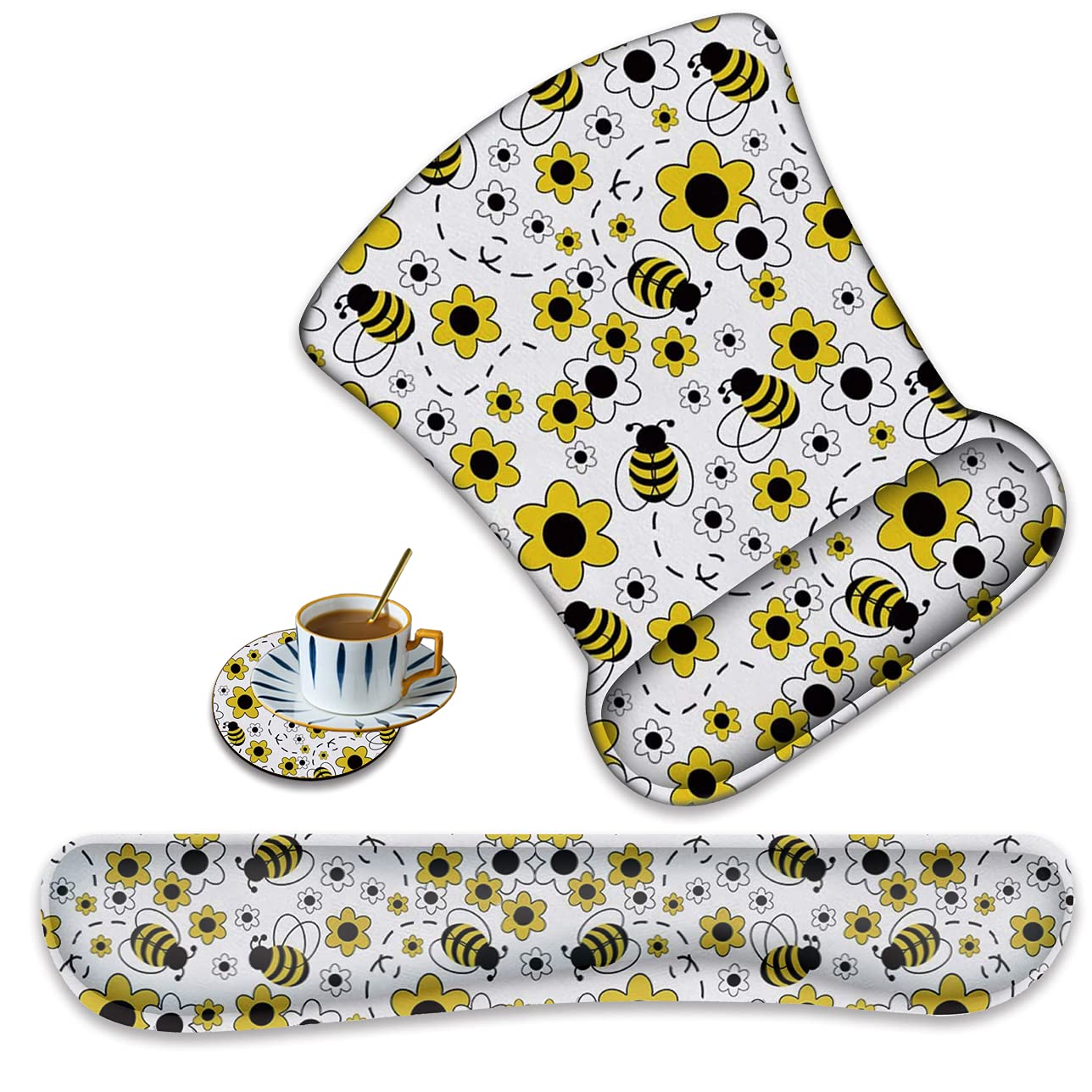 XMTMR-Glass Ergonomically Upgraded Keyboard Wrist Rest and Comfortable Wrist Rest Gel Mouse Pad Set, Non-Slip Rubber Base and Cute Coaster, for Work, Game Home, Bee