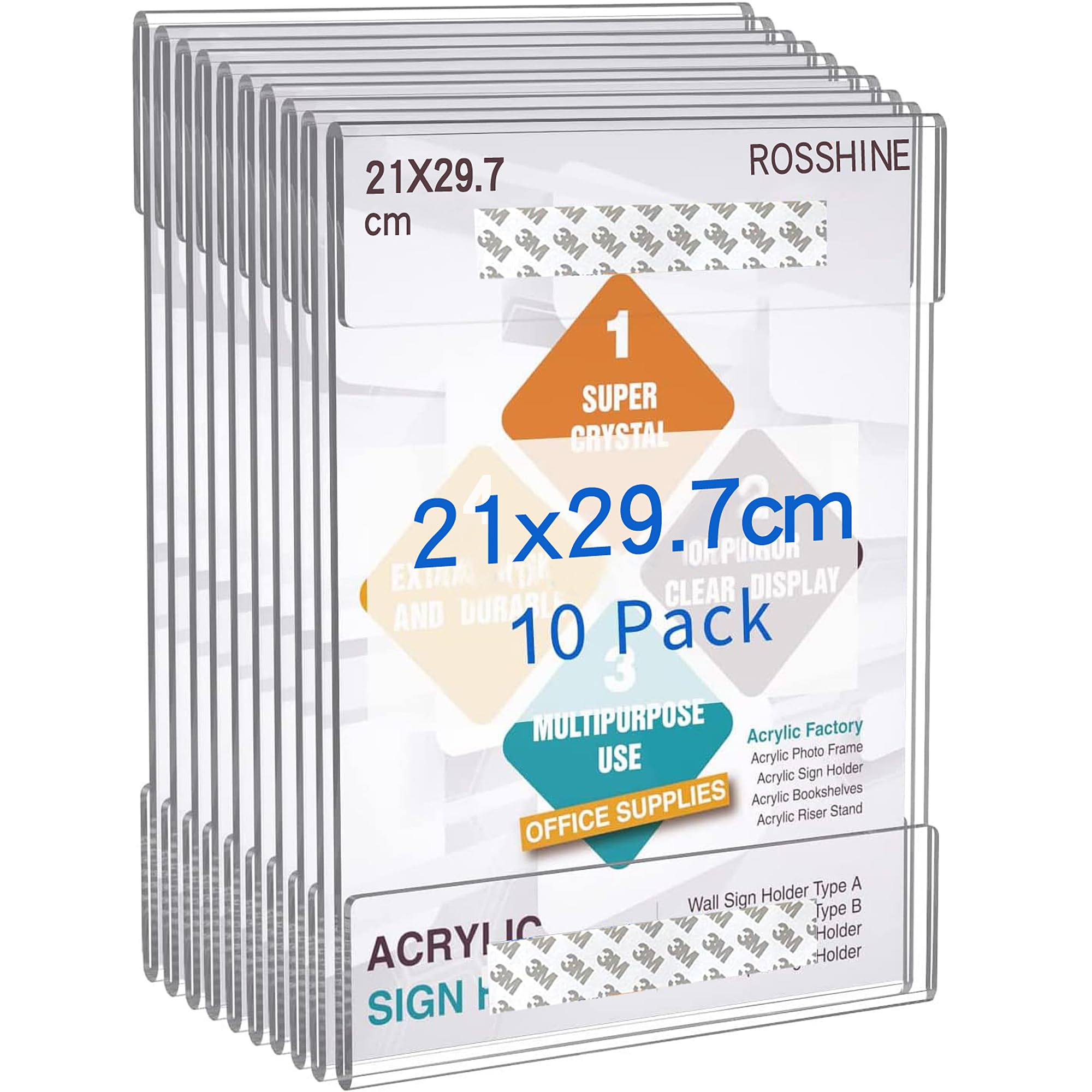 A4 Acrylic Frame Wall Sign Holder, 10pcs Perspex Self Adhesive Wall Poster Display Holder with 3M Tape Without Drilling, Memo Documents Menu Holders for Office, Home, Store, Restaurant