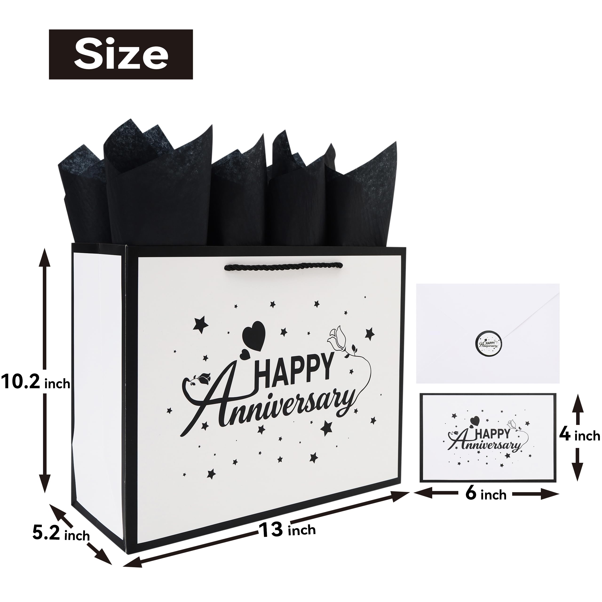 Qirrmiy 13'' Large Anniversary Design Gift Bag Set with Handles, Greeting Card, Black Tissue Papers and Stickers for Women Men Husband Wife Boyfriend Girlfriend or Romantic, Anniversary Design, 1 Pcs