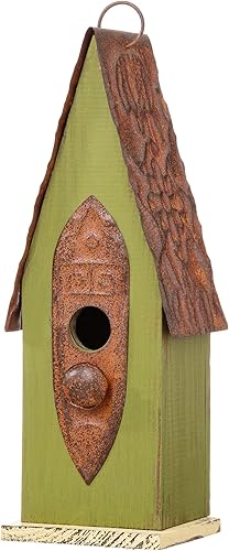 Glitzhome Casa de pájaros colgante de 13.25 ''H casa de pájaros de madera maciza envejecida verde retro para exteriores