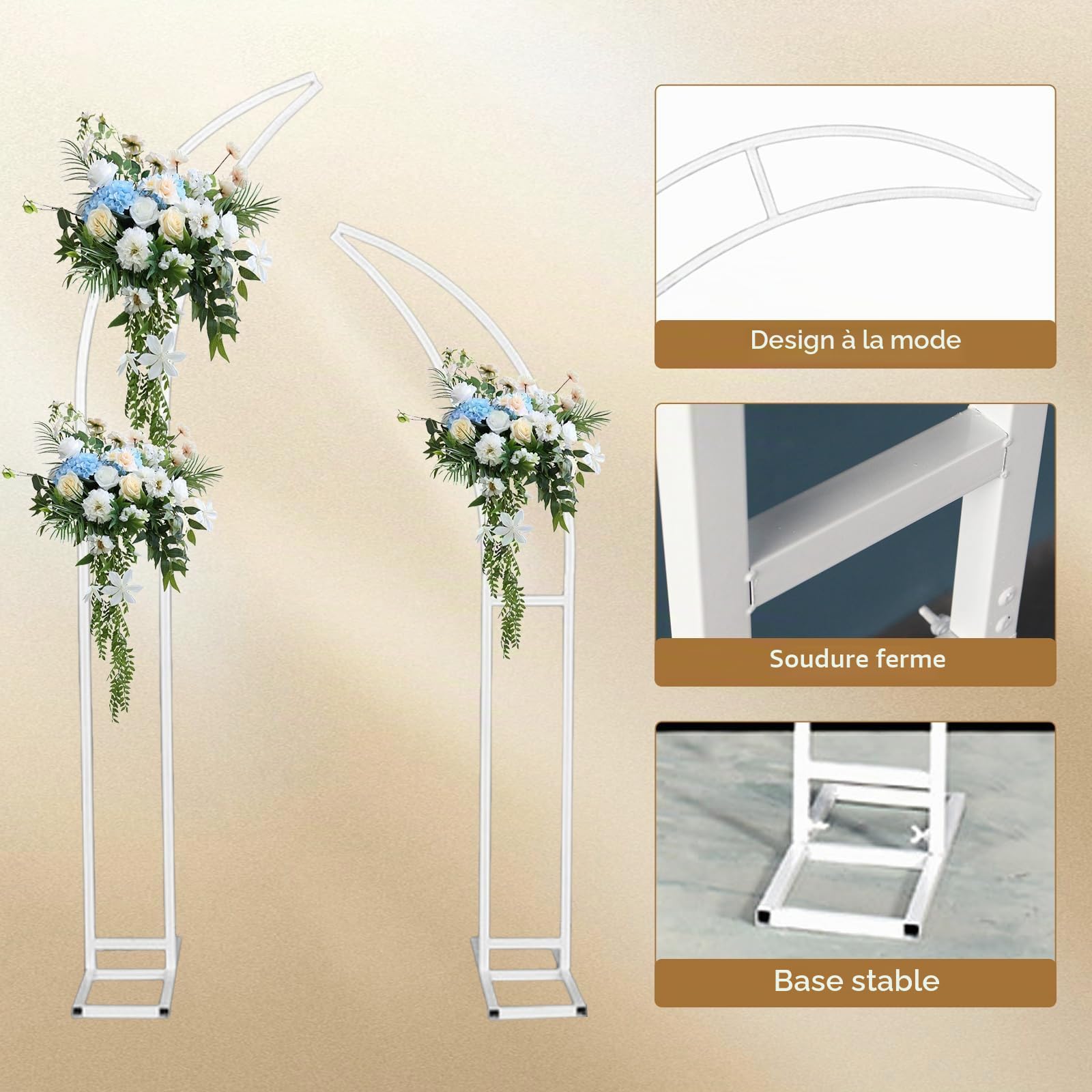 Lot de 2 supports de toile de fond en métal pour arche de mariage, arche de jardin en forme de lune pour cérémonie, anniversaire, anniversaire de mariage, fête nuptiale, 1,8 + 2,1 m (blanc)