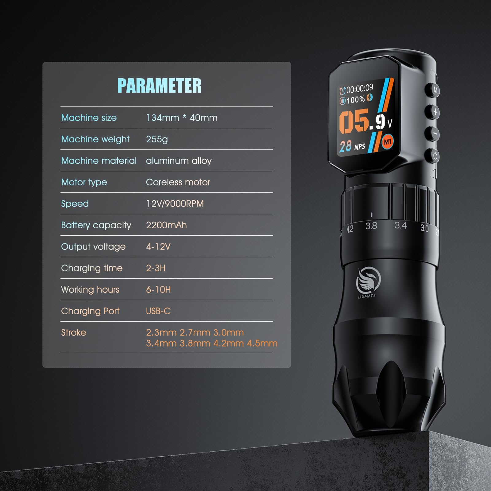 Kit Macchina Senza Fili con con 2 Batteria da 2200 mAh 7 Corse 2.3-4.5mm, Wireless Rotative Macchine con 20 aghi 10 Bottiglie di Inchiostro per principianti e artista LIUMATE