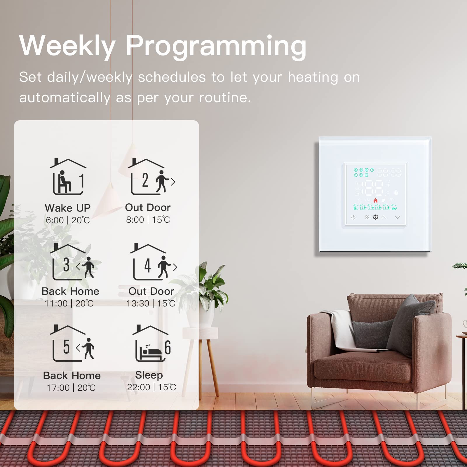 BSEED Smart ZigBee Alexa termostat, elektryczny termostat do ogrzewania podłogowego, programowalny termostat do ogrzewania elektrycznego 16 A, kompatybilny z Alexa i Google Home, biały (wymagany