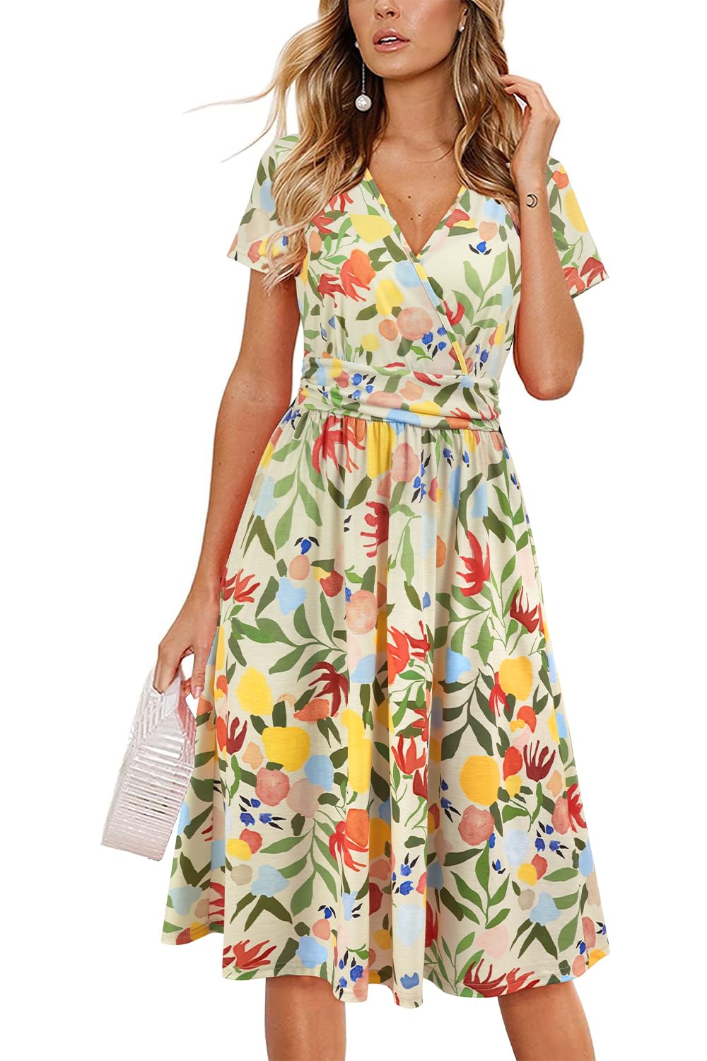 Newshows Women's Pockets Wrap V Neck Floral Summer Vacation Casual Sundress | Wrinkle Free, Stretchy, Summer Beach Floral Sundress 2026, Casual Dress for Vacation, Guaduation, Side Pockets, A-line