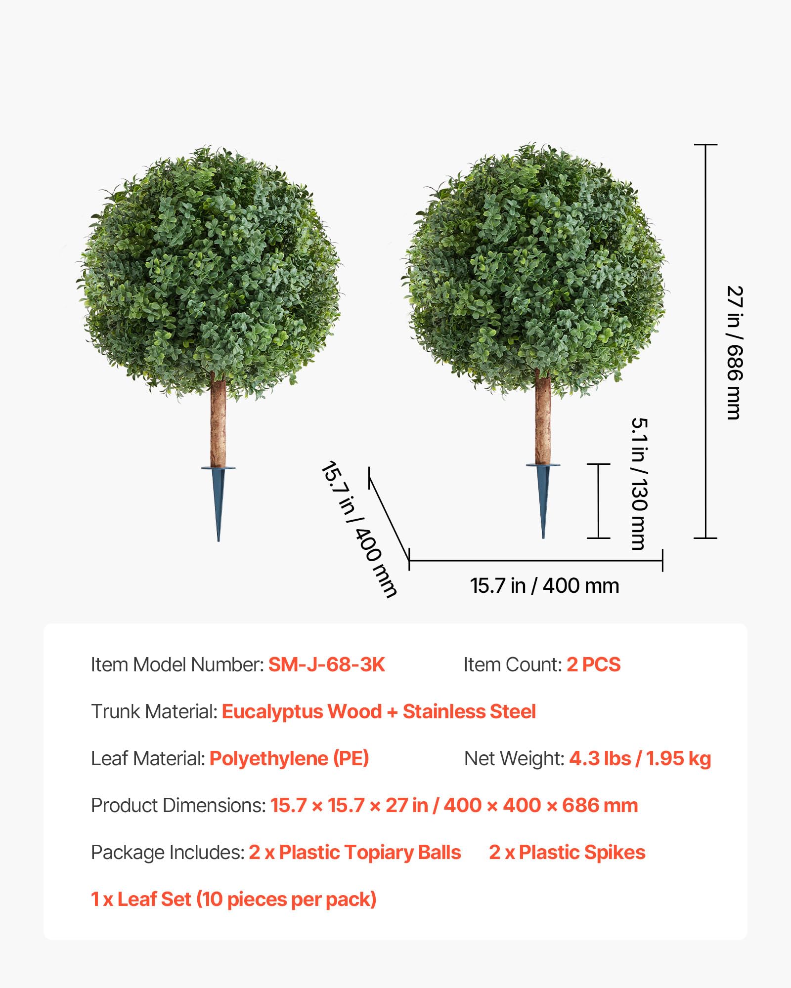 VEVOR Alberi di Bosso Artificiali con Picchetto da Terra Set di 2 pz da 686 mm di Arbusti e Cespugli Finti, Aspetto Reale per Decorazioni Portici Anteriori Esterni, Interni, Patio, Giardino