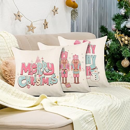 Miniatura 4 de EUBUY Juego de 4 fundas de almohada rosas de Navidad de 18 x 18 pulgadas, fundas de almohada cuadradas de lino, fundas de almohada decorativas de