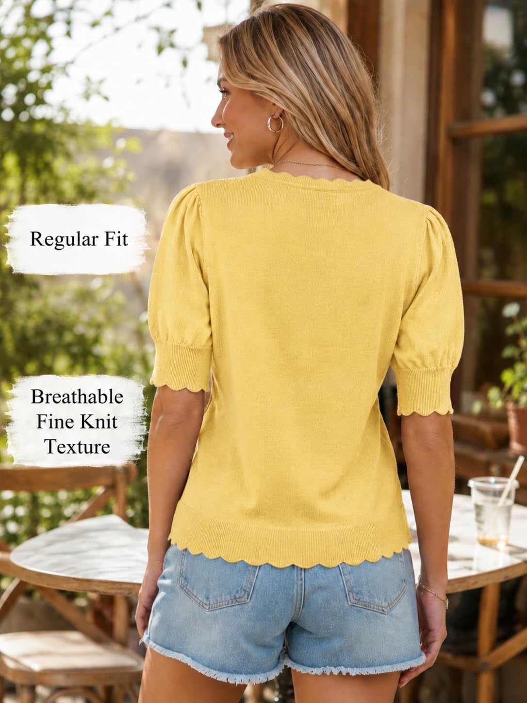 Short Sleeve Sweater for Women Pullover Knit Tops Scalloped Crewneck Puff Sleeve 2026