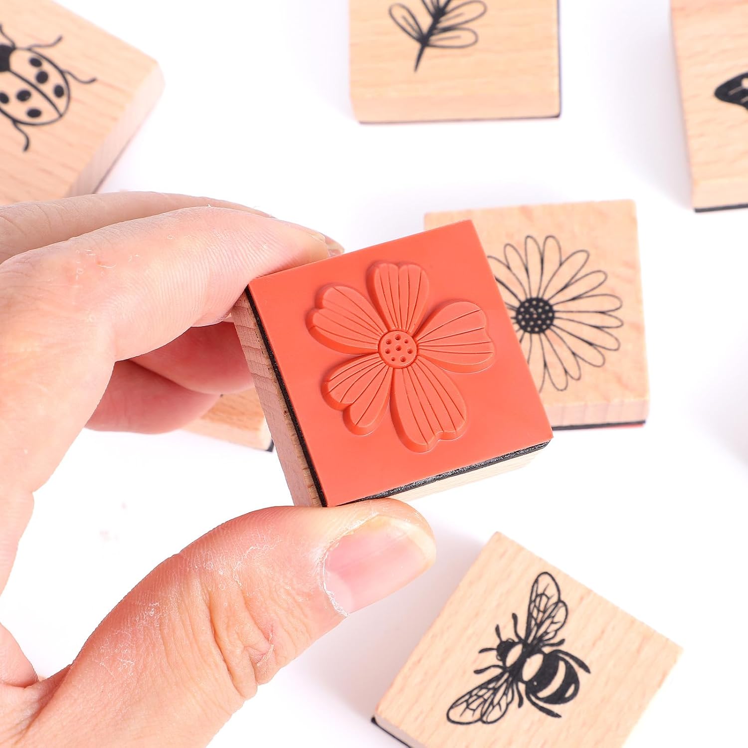 Ptwola 9 Pcs Insect Wood Art Stamps Rubber Stamp Set Wooden Rubber Holiday Stamps Vintage Flower Leaf Stamp Cute Butterfly & Botanical Designs for Crafting DIY Scrapbooking Card Making Hand Book