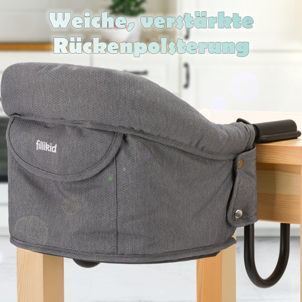 Faltbarer Tischsitz Baby Stuhlsitz mit Transporttasche für Tischplatten bis 8,5 cm praktisch für Zuhause und Unterwegs (Grau)