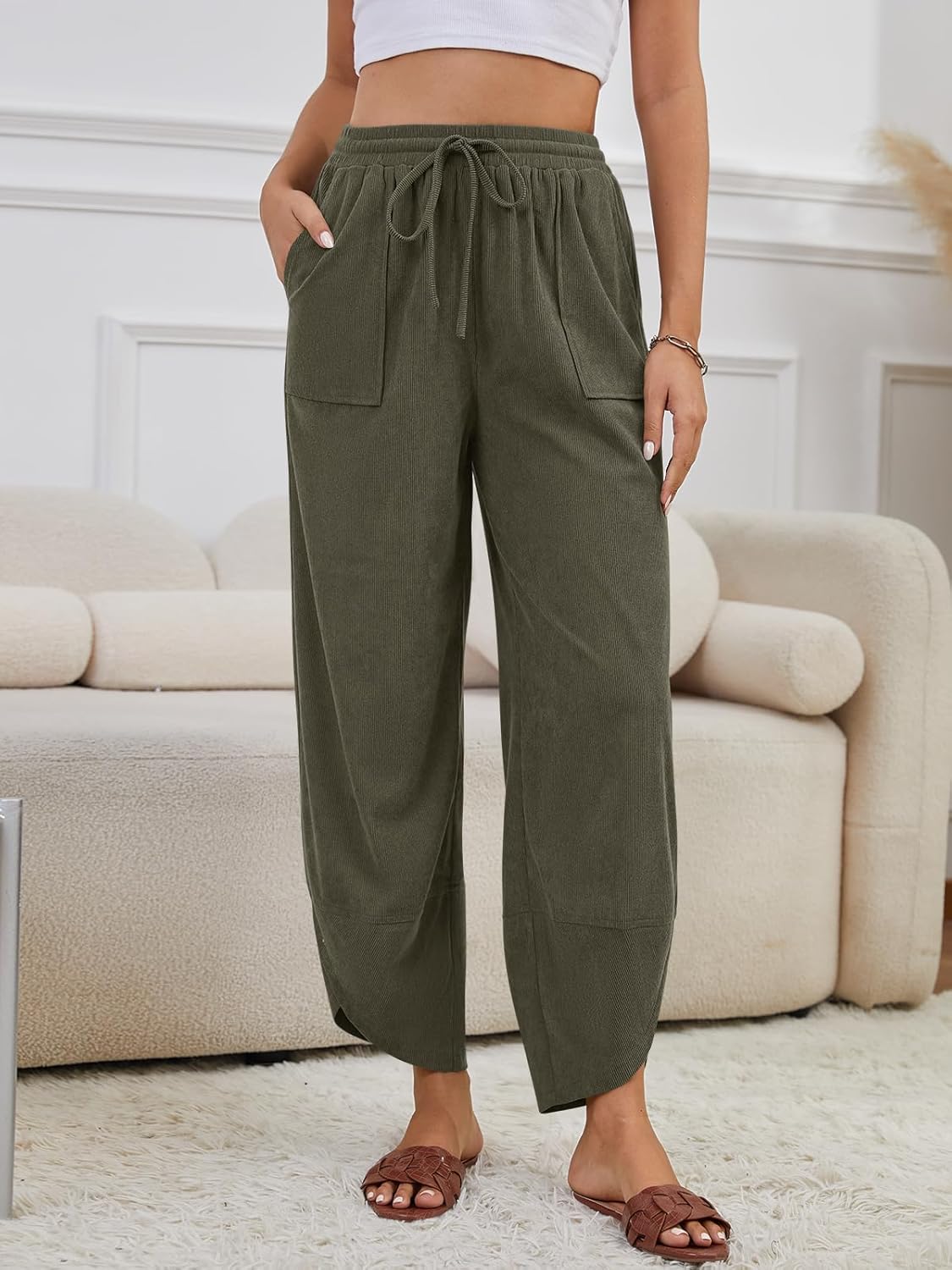 Womens Corduroy Pants Casual Wide Leg Pants Harem Pants Baggy Trousers Drawstring Elastic with Pockets - Image 2