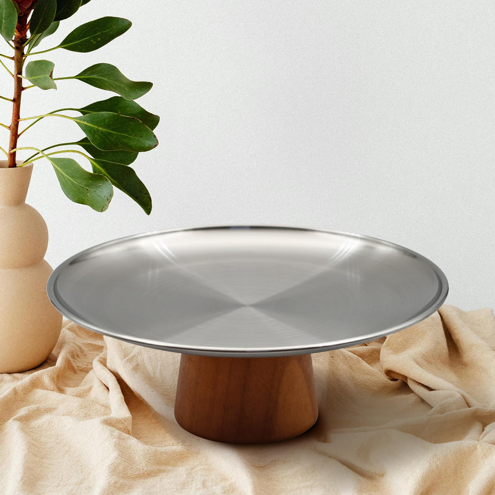 Stainless Steel Cake Tray Wooden Base Cake Pan Heavy Duty Fruit Display Plate Dessert Plate Dining Table Home Decoration Ornaments (Silver, L)