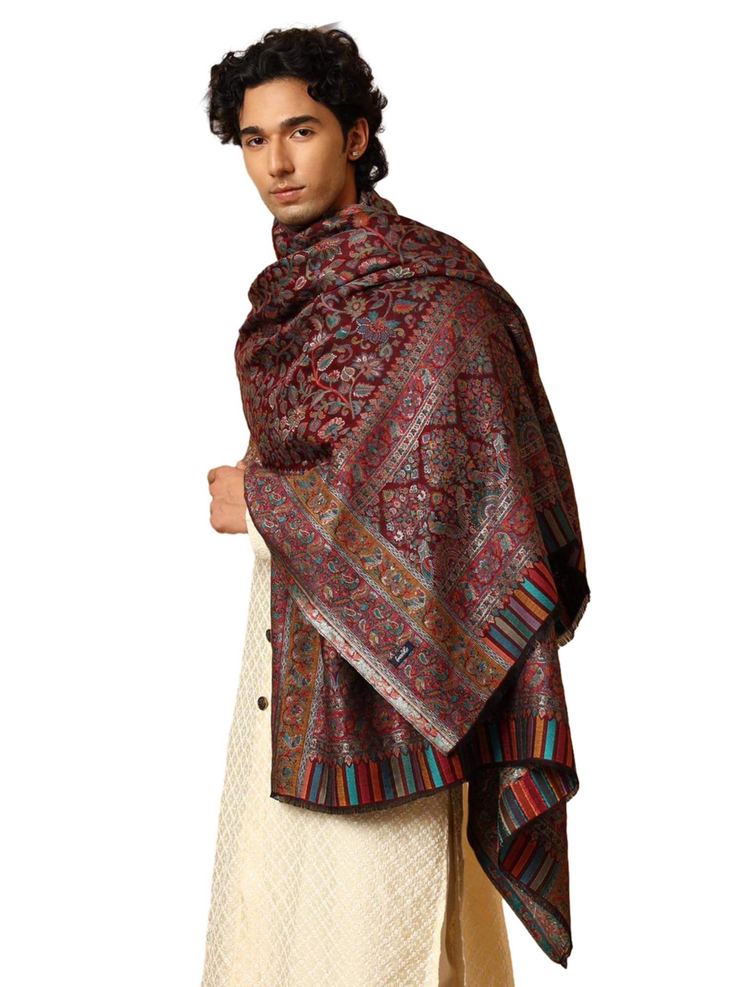 tweedle Men’s Regalia Kashmiri Kani Shawl, Pashmina look, Zari weave, Silk Modal Shawl for Gents, Size – 40 x 80 Inches-picture-52