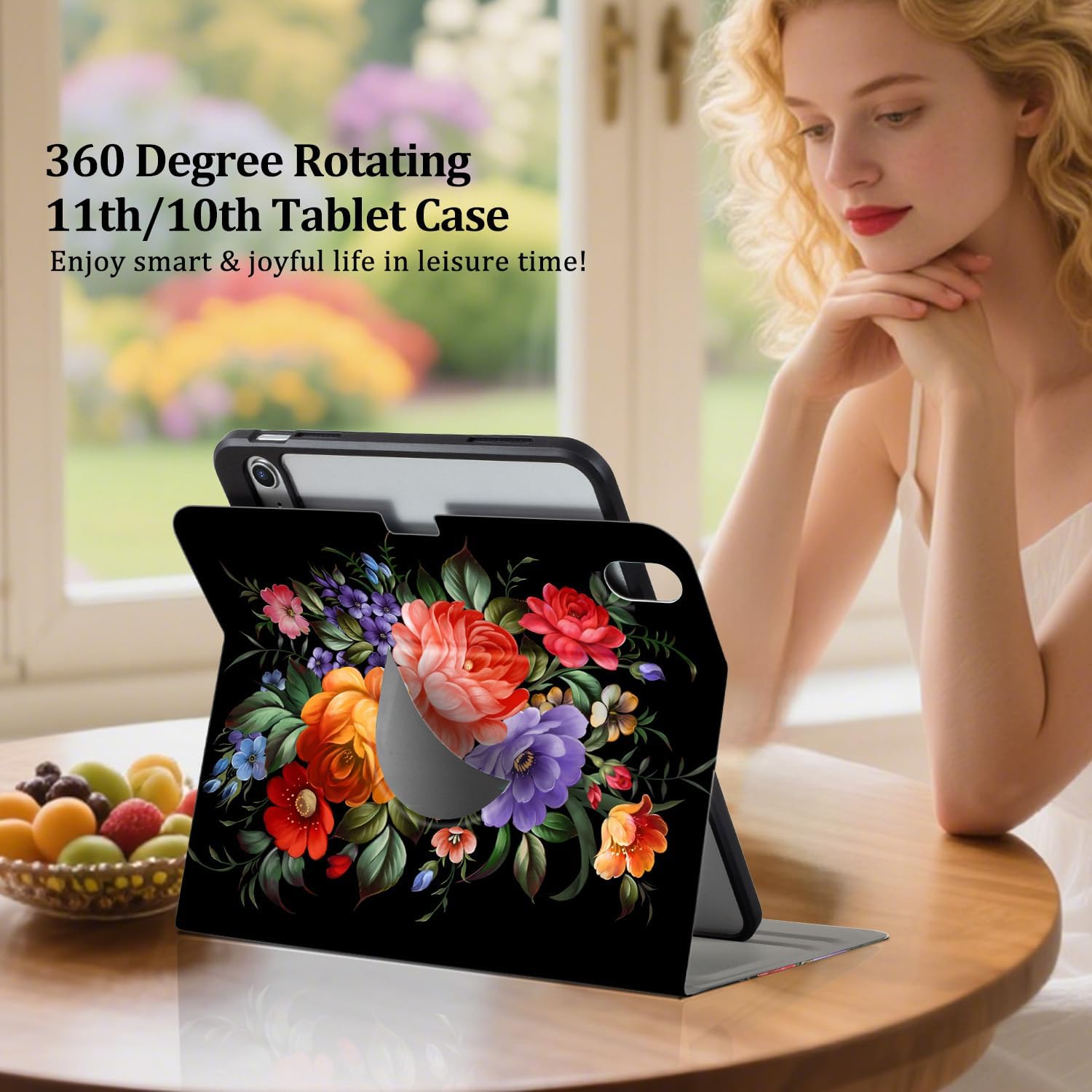 Lokigo Rotating Case for iPad (A16) 11th Generation 11 Inch 2025, iPad 10th Gen 10.9 Inch 2022, Buils with Pencil Holder, Support Touch ID, 360 Degree Smart Stand Cover, Black Colord Flowers